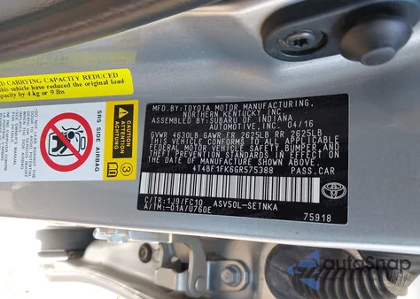 2016 Toyota Camry Le z USA, uszkodzony, nr VIN 4T4BF1FK6GR575388